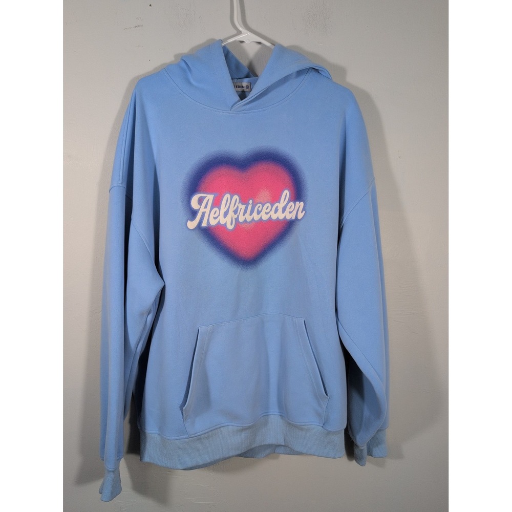 Aelfric Eden Women's Blue Pullover Hoodie XL Pink Heart Kangaroo Pockets